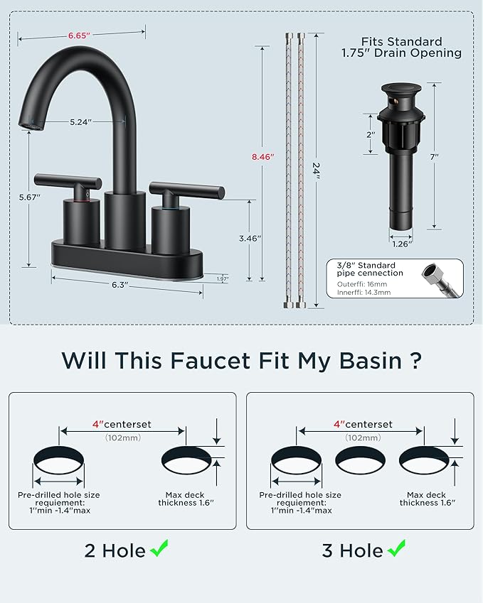 FORIOUS 4 Inch Centerset Bathroom Faucet Black 2 Hole, Two Handle Matte Black Faucet for Bathroom Sink with Pop Up Dain, 24" Supply Line, and 360° Rotating Spout of 4" Vanity