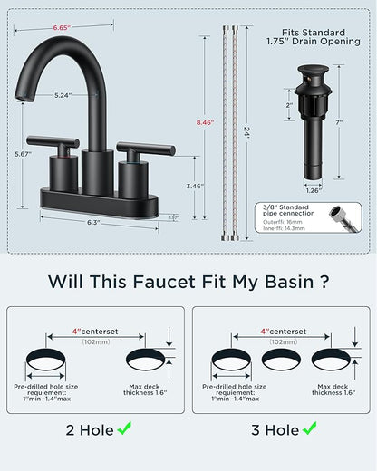 FORIOUS 4 Inch Centerset Bathroom Faucet Black 2 Hole, Two Handle Matte Black Faucet for Bathroom Sink with Pop Up Dain, 24" Supply Line, and 360° Rotating Spout of 4" Vanity