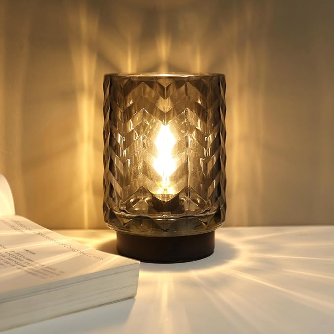 Battery Operated Lamp with Timer, Small Table Lamp for Office Desk Decor, Glass Cordless Lamp Bedside Cozy Light for Living Room Aesthetic, Entryway Wave Design-Grey