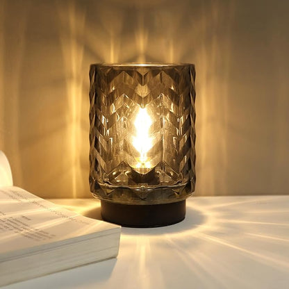 Battery Operated Lamp with Timer, Small Table Lamp for Office Desk Decor, Glass Cordless Lamp Bedside Cozy Light for Living Room Aesthetic, Entryway Wave Design-Grey