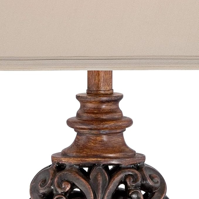 Regency Hill Exeter Traditional Style Table Lamps 30" Tall Full Size Set of 2 Bronze Wood Carved Leaf Creme Rectangular Bell Shade Decor for Living Room Bedroom House Bedside Nightstand Office