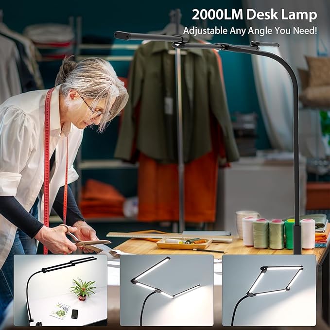 Desk Lamp, Clamp Desks Lamps for Home Office, 24W Flexible Gooseneck Table Lamp, 10 Color Modes & Brightness Eye-Caring Desk Light w/USB Adapter (12V2A Black)