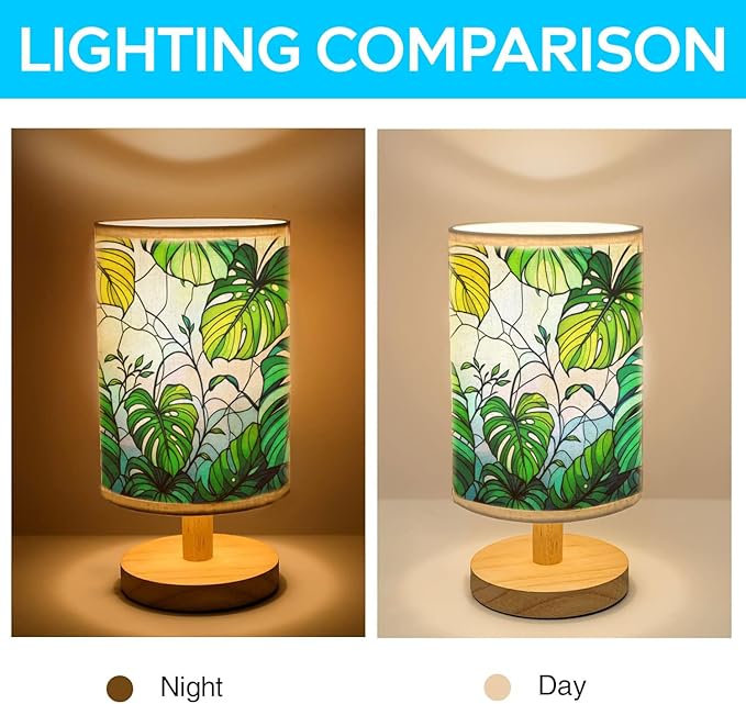 Monstera Table Lamp LED 3-Color Pressed Bedside, Monstera Shade Lamp with Wood Base for Bedroom Living Room Desk Office