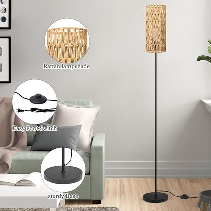 Floor Lamp for Living Room,Farmhouse Floor lamp,Modern Standing lamp with Hand-Worked Rattan Shade (Round Rattan Shade-3 Color Bulb)