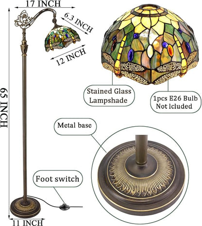 Tiffany Floor Lamp Stained Glass Lamp 18.88X12X67 Inch Angle Adjustable Arched Gooseneck Antique Reading Light (Amber Yellow Dragonfly)