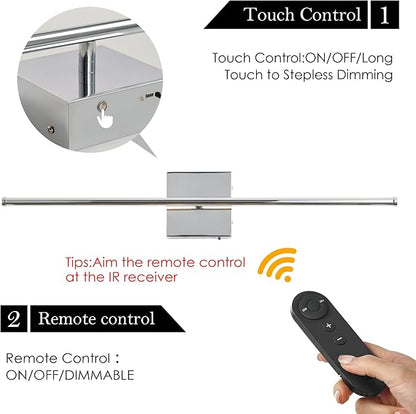 Battery Operated Wall Sconces with Remote Control, Dimmable Wall Sconces Set of Two, 350°Rotate, 3000K LED Chrome Wireless Wall Light for Living Room, Hallway, Bedroom, 24.4 Inch (2 Pack)