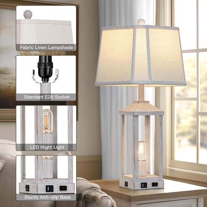 28" Set of 2 Vintage Table Lamps for Living Room，Farmhouse Industrial Nightstand Lamp with USB C+A & Outlet ，White Bedside Lamps for End Table with Nightlight, Bell Lampshades for Bedroom Nightstand