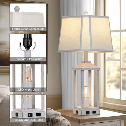 28" Set of 2 Vintage Table Lamps for Living Room，Farmhouse Industrial Nightstand Lamp with USB C+A & Outlet ，White Bedside Lamps for End Table with Nightlight, Bell Lampshades for Bedroom Nightstand
