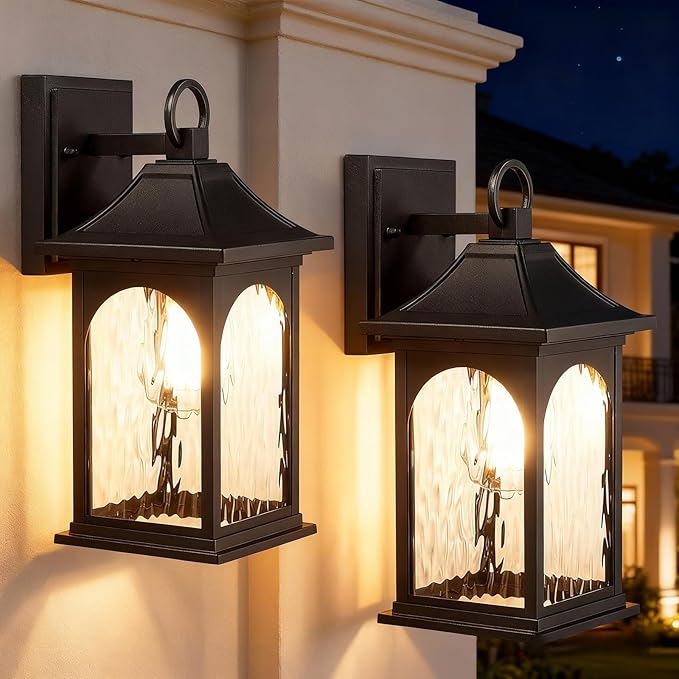 Porch Lights Outdoor Wall Light Fixtures 12.8 Inch with Water Ripple Glass, Black Wall Sconces Set of Two,Waterproof Aluminum Outside Lights for House Front Door Garage