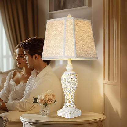 Vintage Table Lamps Set of 2, 28.5'' High Bedside Lamps with Fabric Shade, Farmhouse Nightstand Lamps with USB A+C Ports and Nightlight - Perfect for Living Room Bedroom Office Study (Bulb Included)