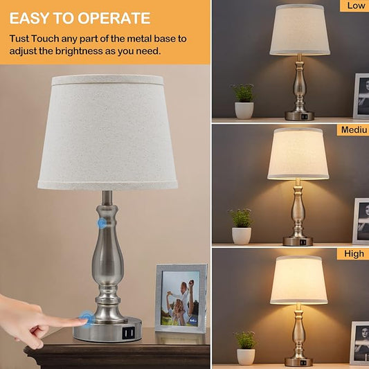 Lamps for Bedrooms Set of 2, Brushed Nickel Bedside Lamps with USB C+A Ports,Dimmable Nightstand Lamps with Fabric Lampshade, Touch Table Lamp for Living Room Bedroom Office, Bulbs Included