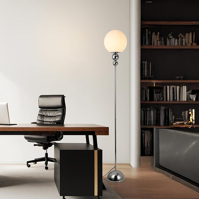 Modern Glass Floor Lamp for Bedroom, 63'' Vintage Mid-Century Floor Lamp with Milky White Frosted Glass Globe Shade for Living Room Corner, Slim Standing Reading Lamp for Office Decor (Chrome)