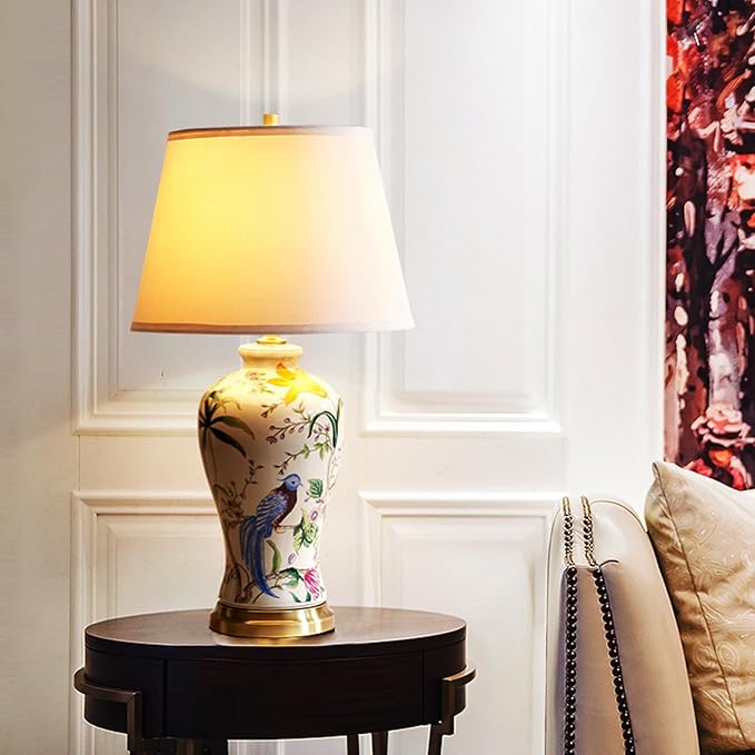 PURESILKS White Ceramics Table Lamp 25.5" Chinoiserie Lamp Flower and Bird Table Lamp American Handmade Beige Linen Drum Shade Decor for Living Room Bedroom