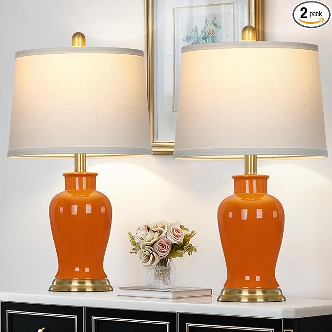 Orange Ceramic Lamps Set of 2, 23" Modern Table Lamps for Living Room, Stylish Bedroom Ginger Jar Lamps, Elegant Bedside Lamp for Night Stand Desk Side End Table Home Decor(Bulbs Included)