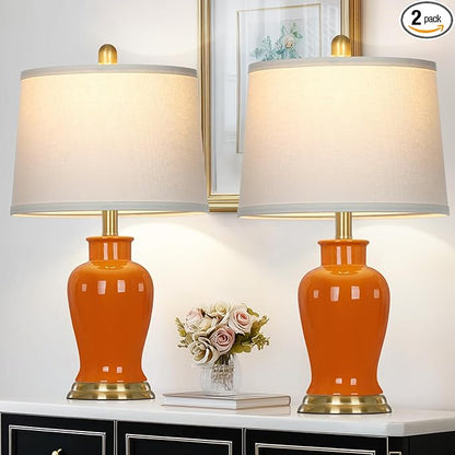 Orange Ceramic Lamps Set of 2, 23" Modern Table Lamps for Living Room, Stylish Bedroom Ginger Jar Lamps, Elegant Bedside Lamp for Night Stand Desk Side End Table Home Decor(Bulbs Included)