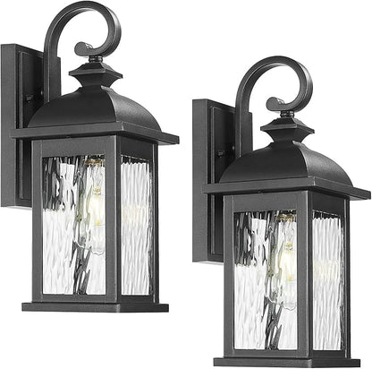FEMILA 2 Packs Outdoor Waterproof Wall Lights Fixture, 15" Wall Lantern for Porch, Anti-Rust Matte Black Finish with Water Ripple Glass,4FD54B-2PK BK-WP