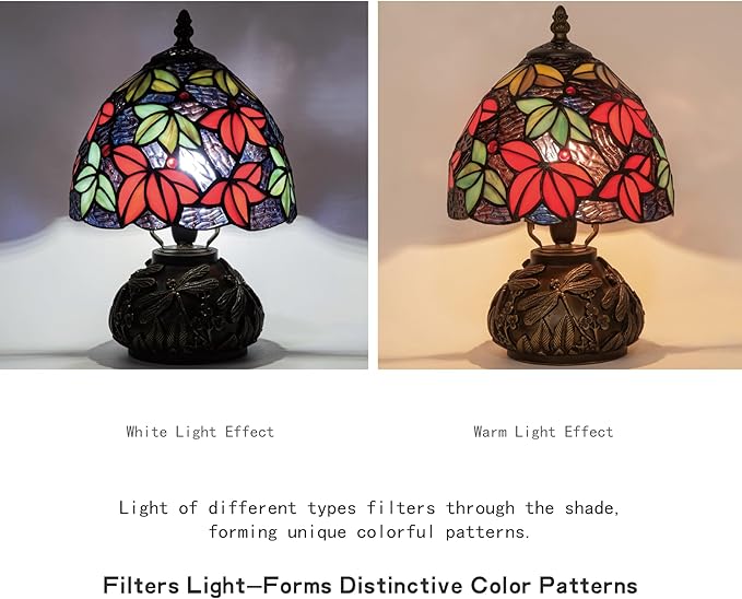 Tiffany Stained Glass Mushroom Table Lamp 8" Purple Blue Red Maple Leaf Floral Shade Nightstand Light for Bedroom Dorm Living Coffee Office Housewarming Gift (Purple Blue Maple Leaf)