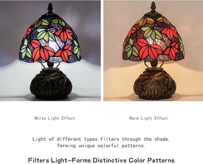 Tiffany Stained Glass Mushroom Table Lamp 8" Purple Blue Red Maple Leaf Floral Shade Nightstand Light for Bedroom Dorm Living Coffee Office Housewarming Gift (Purple Blue Maple Leaf)