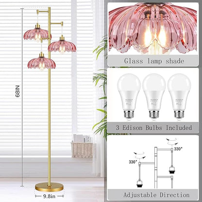 Pink Floor Lamp for Living Room,Bedroom,Gold Flower Mid Century Modern Standing Lamp Brass Tree 3 Light Tall Floor Lamps Vintage Floor Lights Glass Lamp Shade Farmhouse Boho Bohemian