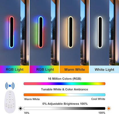 TODOLUZ 2-Pack 24-Inch RGB Outdoor Wall Light Fixture, IP65 Waterproof 16W Dimmable LED Linear Wall Sconce Lighting with Remote Control for Garage Porch Front Door