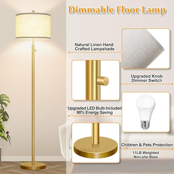 Nintiue 【Upgraded】 Dimmable Floor Lamp for Living Room, 11W LED Bulb Included, Modern Standing Lamp, Tall Pole Light with Linen Shade for Bedroom Reading Office Corner Nursery-Gold