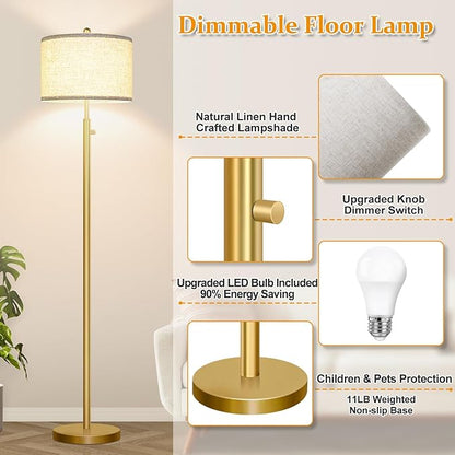 Nintiue 【Upgraded】 Dimmable Floor Lamp for Living Room, 11W LED Bulb Included, Modern Standing Lamp, Tall Pole Light with Linen Shade for Bedroom Reading Office Corner Nursery-Gold
