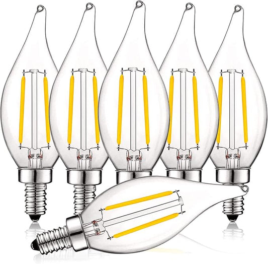 LUXRITE 4W Vintage Candelabra LED Bulbs Dimmable, 400 Lumens, 3000K Soft White, LED Chandelier Light Bulbs 40W Equivalent, Flame Clear Glass, Filament Candle Bulb, UL Listed, E12 Base (6 Pack)