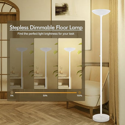 30W Torchiere Floor Lamp - 3600LM Super Bright LED Floor Lamp, 71 Inch Stepless Dimmable Standing Lamp with 3000K Lighting, Rotary Switch, Tall Metal Torch Floor lamps for Living Room/Bedroom (White)