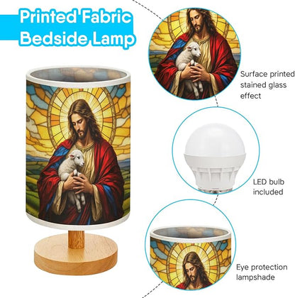 Jesus and The Lamb Table Lamp LED 3-Color Pressed Bedside, Jesus and The Lamb Shade Lamp with Wood Base for Bedroom Living Room Desk Office TL01