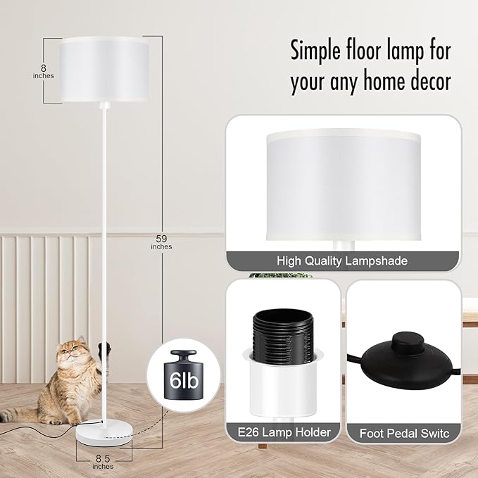 Floor Lamp, Standing Lamp, Small Floor Lamp with Lampshade, 59" Tall Lamp for Bedroom, Foot Switch, Simple White Pole Lamp for Kids Room, Girls Room, Boys Room, Office(NO Bulb, E26 Base)