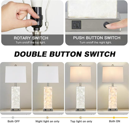 28" Coastal Table Lamps for Living Room Set of 2, Bedside Lamps with Night Light, USB A+C Ports, Modern Sea Shell Bedside Night Stands Light for Beachy Cottage Decor (Silver)