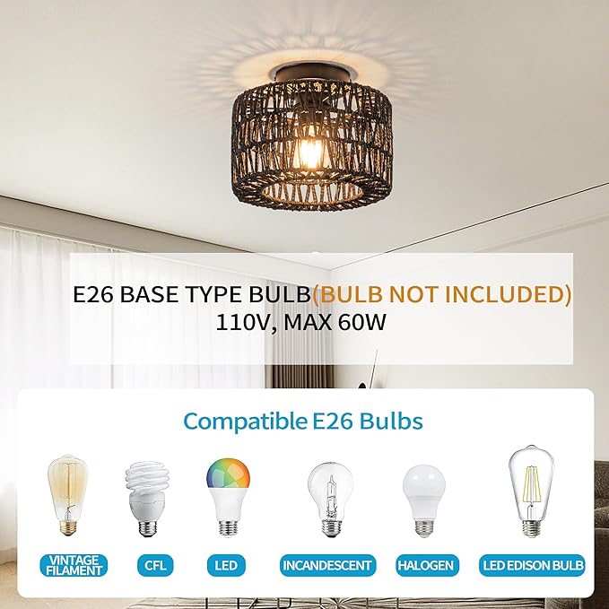 Rattan Ceiling Light, 1 Light Farmhouse Woven Flush Mount Ceiling Light, Boho Light Fixture for Bedroom Living Room Hallway Entryway, Black Finish