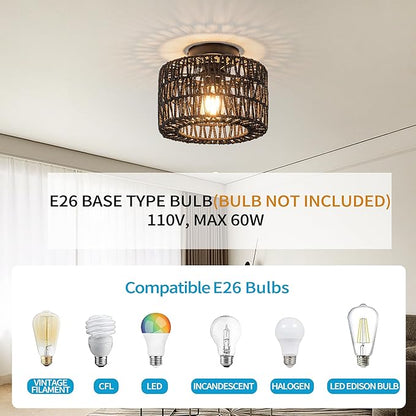 Rattan Ceiling Light, 1 Light Farmhouse Woven Flush Mount Ceiling Light, Boho Light Fixture for Bedroom Living Room Hallway Entryway, Black Finish