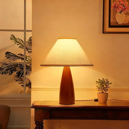 Bedside Table Lamp for Bedroom, Mid-Century Modern Plug in Fabric Shade & Solid Wood Base Desk Lamp, Plug & Play Red Wood Nightstand Lamp for Living Room, Office 【Bulb Included】