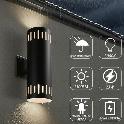 Outdoor Wall Lights Stainless Steel, 23W 3000K Integrated LED Cylinder Up Down Wall Sconces, 1300LM Warm White Exterior Lightiing IP65 Waterproof Light Fixture for House, Porch, 2 Pack Black