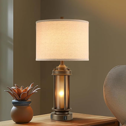 Set of 2 Farmhouse Table Lamps for Living Room, Rustic Vintage Bedside Lamps with 2 USB Ports, Bedroom Nightstand Lamp with Amber Glass Nightlight for End Table Entryway, 4 Bulbs Includes