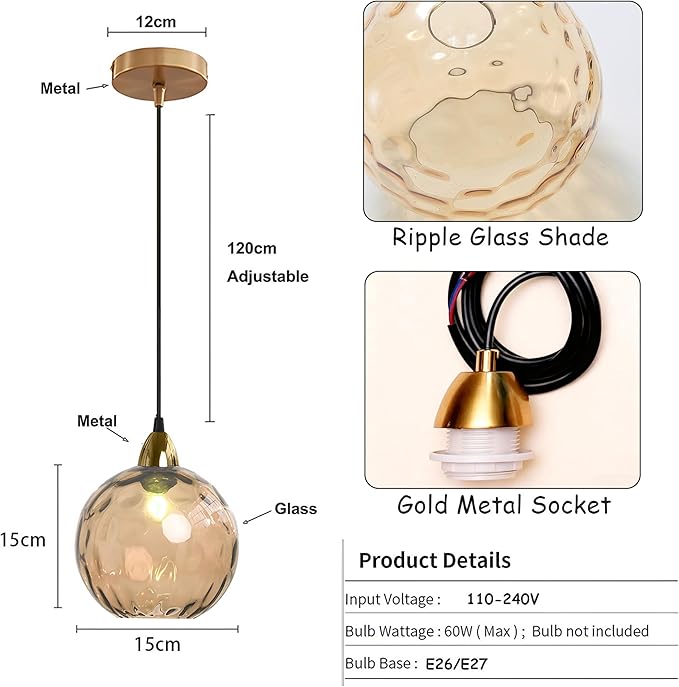 15cm/5.9’’ Industrial Vintage Spherical Glass Pendant Light, E26 Ceiling Hanging Lamp, Gold Finish & Ripple Glass Globe Shade, Dining Room Bedroom Chandelier (Amber)