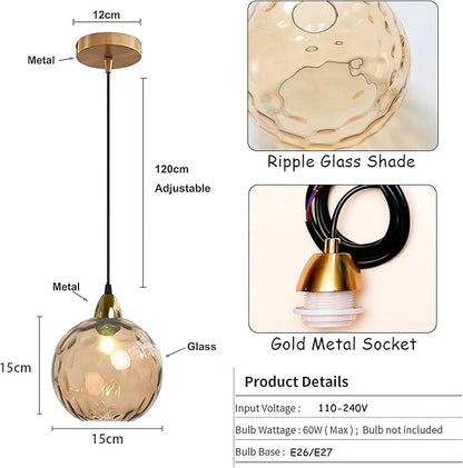 15cm/5.9’’ Industrial Vintage Spherical Glass Pendant Light, E26 Ceiling Hanging Lamp, Gold Finish & Ripple Glass Globe Shade, Dining Room Bedroom Chandelier (Amber)