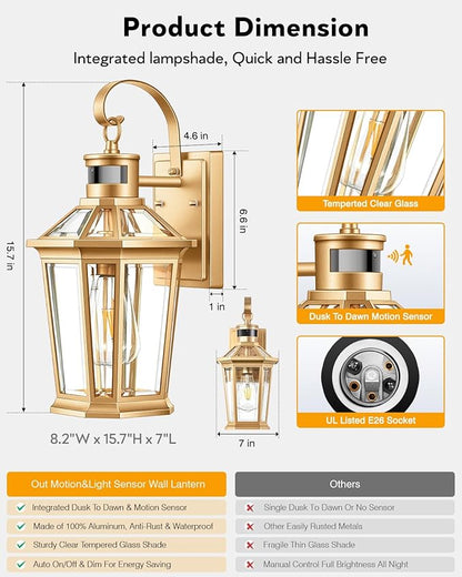 VIANIS Outdoor Wall Lights, Motion Sensor Exterior Light Fixtures Wall Mount, Waterproof Modern Gold Outside Front Porch Light, Anti-Rust Aluminum Outdoor Wall Sconce for House Garage 2 Pack