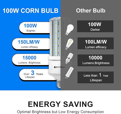 100W Led Corn Light Bulb 15000lm Bright 5000K Daylight White E26/E39 Base 1000W Equivalent LED Metal Halide HID CFL for Commercial Industrial Lighting Warehouse High Bay Light Garage Workshop(2-Pack)