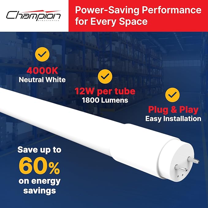 – 25-Pack T8 LED Tube Light 4FT, 12W 1800LM, Type A Ballast Compatible, 4100K Daylight, UL-Listed, Easy Plug & Play Fluorescent Replacement, Energy-Saving for Shop & Office