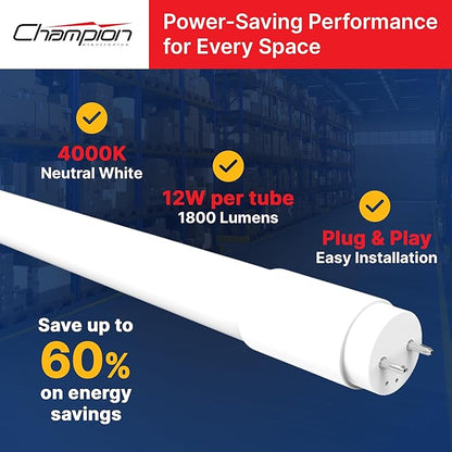 – 25-Pack T8 LED Tube Light 4FT, 12W 1800LM, Type A Ballast Compatible, 4100K Daylight, UL-Listed, Easy Plug & Play Fluorescent Replacement, Energy-Saving for Shop & Office