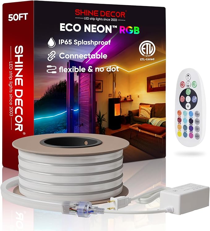 Shine Decor LED RGB Neon Rope Lights AC 120V, Expandable & Cuttable Bright Strip Lighting with Remote, Dimmable Color Changing, ETL Cold-Resistant & IP65 Waterproof for in&Outdoor, 10x20mm, 50FT