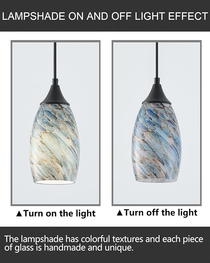 ANYLOVE Vintage Art Blue Pebble Pendant Lighting,3-Pack Hand Glass Hanging Light Fixture,Adjustable Cord for Kitchen,Hallway,Dining Room