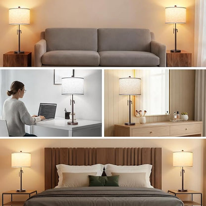 Table Lamps for Bedrooms Set of 2, 22" to 30" Height Adjustable Nightstand Lamps with Linen Shade, Pull Chain Switch Lamps for Living Room, 3 Way Dimmable Beside Lamp