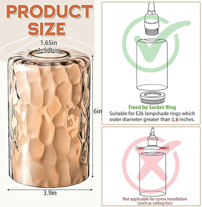 6 Pcs Amber Hammered Glass Shade Replacements for Pendant Light Fixtures Glass Lamp Shade Cover, 1-5/8 Inch Fitter E26 Base, 4"w x 6"h, Replacement Lamp Globe for Chandelier Wall Sconce