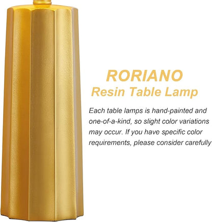 RORIANO Set of 2 Modern Table Lamps for Living Room Bedroom, Gold Nightstand Resin Lamps with Black Grid Shade, Contemporary Desk Lamps for Bedside End Tables, 2 Bulbs Included (Gold)