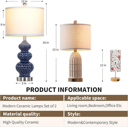 26" Blue Table Lamp Set of 2 with Rotary Control, Ceramic Table Lamps Classic Beside Lamps Nightstand Lamp Modern Table Lamp for Living Room,LED Bulbs Included