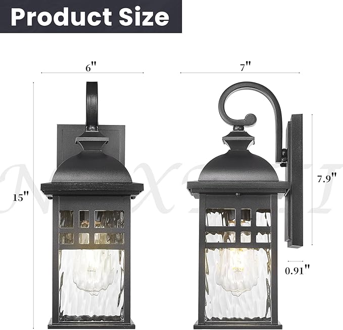 Outdoor Wall Lights Exterior Black Outdoor Light Fixtures Wall Mount with Water Ripple Glass Waterproof Anti-Rust Outside Wall Sconce Porch Lights for House Garage Doorway