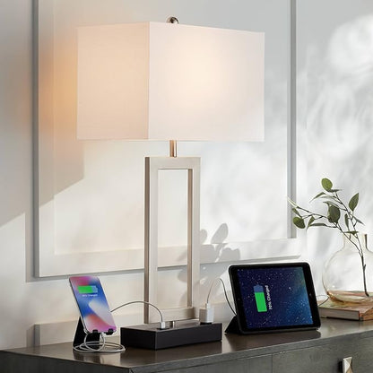 360 Lighting Todd Modern Table Lamp with Hotel Style USB and AC Power Outlet in Base 30" Tall Brushed Nickel Rectangle White Shade for Living Room Bedroom House Bedside Nightstand Home